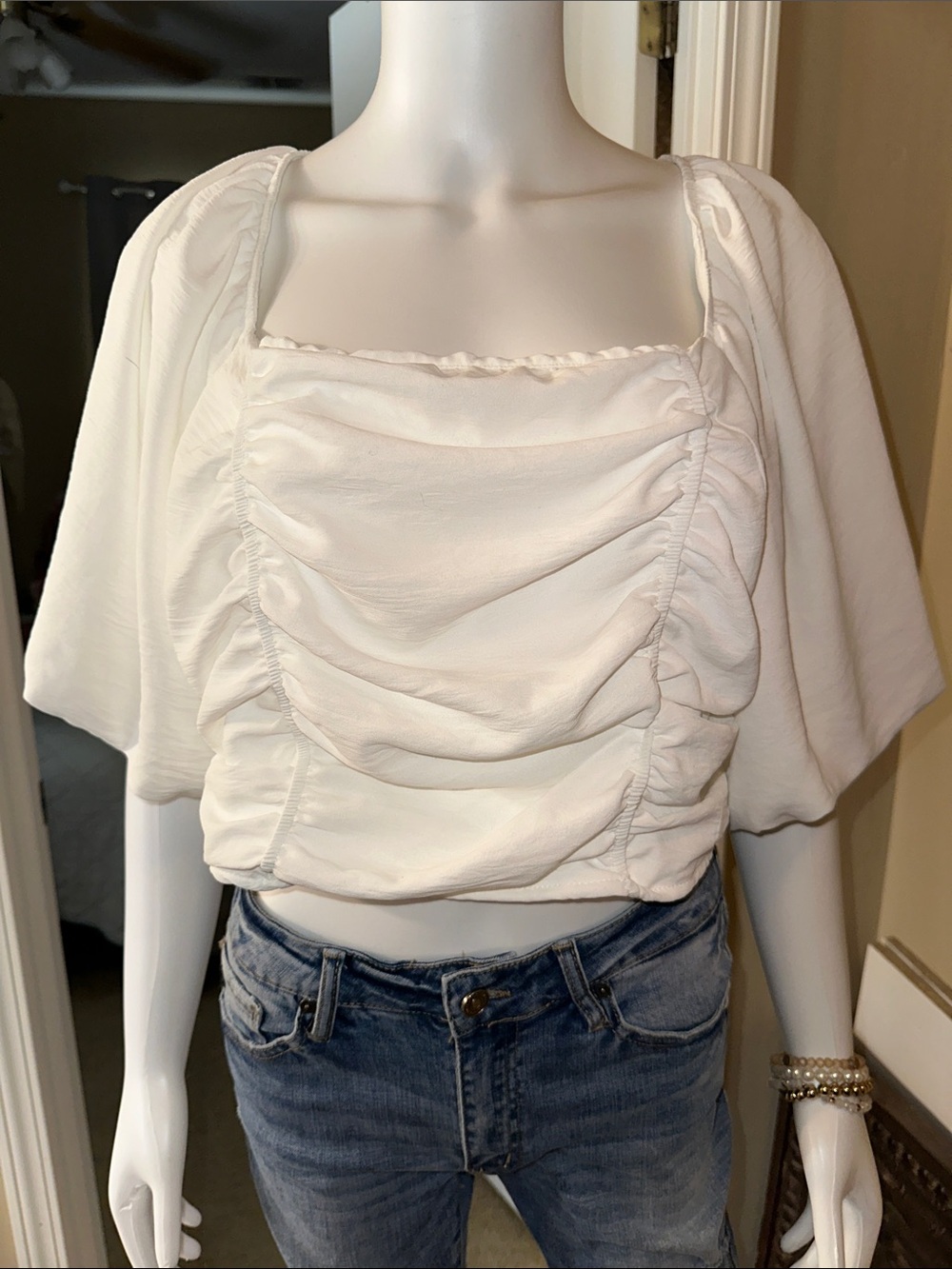 Ruched Square-Neck Crop Top in White